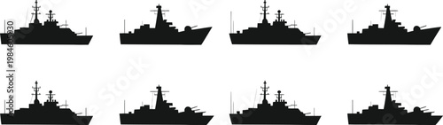 Black silhouette of warships on white background navy ship