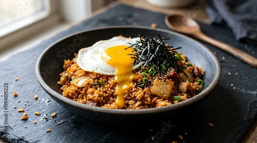 Nasi goreng dengan telur mata sapi, rumput laut, dan bumbu di mangkuk hitam di atas meja kayu yang alami dan rustic