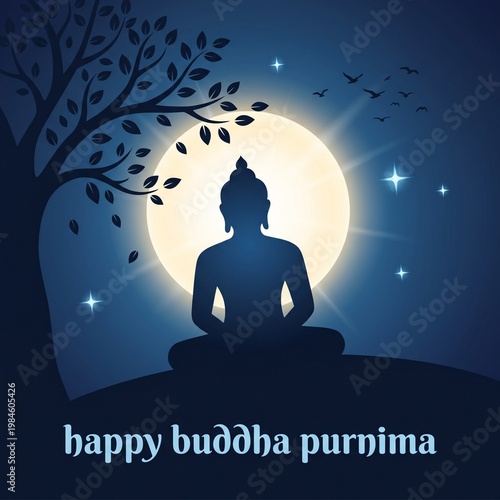 Buddha silhouette, meditation illustration, full moon background, zen spirituality concept