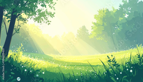 Curved boughs shelter quiet grass beneath warm forest radiance. Ancient roots anchoring peaceful habitat beside glowing light. Natural sanctuary illustration for relaxation campaigns and decor