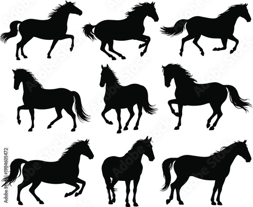 Nine black horse silhouettes in various running poses