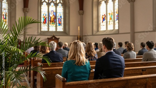 People attending a Christian worship service in a traditional church with stained glass windows and wooden pews. A green plant is visible in the foreground.