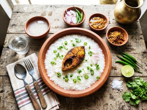 Authentic Bengali Panta Ilish festive arrangement Pohela Baishakh celebration clay plate green chili onion rustic top view
