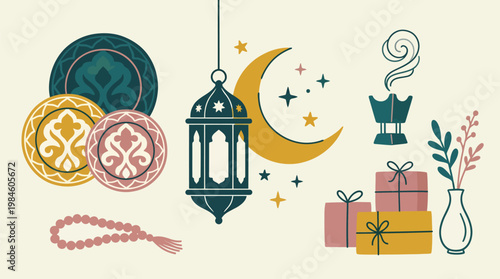 Eid Mubarak Decorations with Lantern, Gifts, and Coins