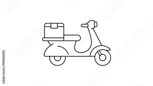 Minimalist black line vector icon illustration of a delivery scooter with a parcel box on the back, representing last-mile logistics, food delivery, and courier services on a white background.