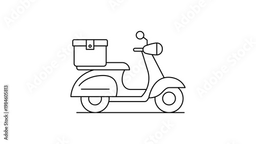 Minimalist black line vector icon illustration of a delivery scooter with a cargo box on the back, representing last-mile logistics, food delivery, courier services, and urban transportation.