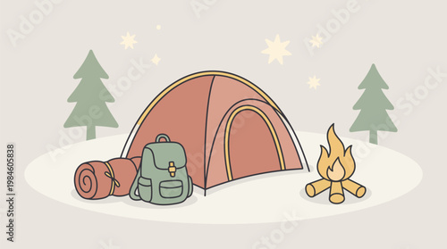 Camping Tent with Backpack and Sleeping Bag in Snowy Forest