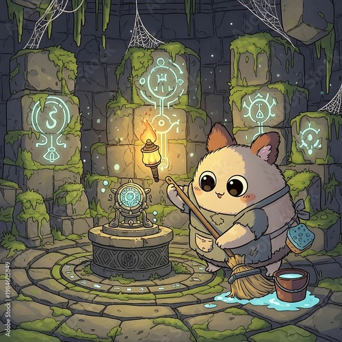 A fluffy cartoon creature cleans a mysterious stone chamber with glowing runes and torches, surrounded by aged mossy stonework
