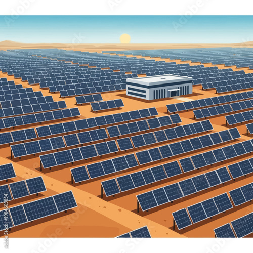 Vast solar farm in desert landscape with modern building and sun