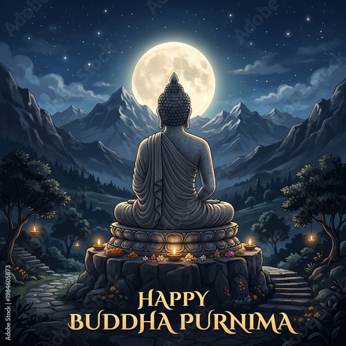 Buddha statue, serene mountain landscape, full moon, meditation, Buddhist celebration