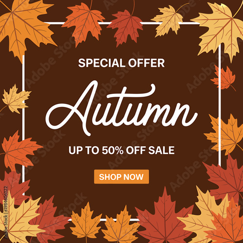 Autumn special offer up to fifty percent off sale advertisement with colorful leaves