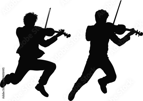 Violinist silhouettes jumping, dynamic music performance with classical instrument for artistic illustration