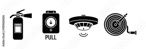 Fire Safety Equipment Icons Extinguisher, Pull Station, Smoke Detector, Hose Reel