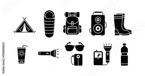 Collection of essential outdoor adventure and camping gear icons, including backpacks, tents, and flashlights, for various travel and exploration activities