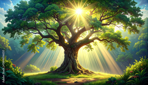 Golden canopy rising above meadow with brilliant dawn star. Prosperous woodland emblem glowing through vibrant morning haze. Inspiring growth symbol for corporate sustainability visuals