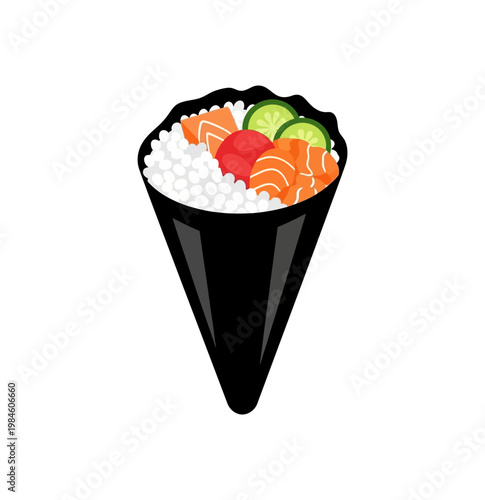 A Delicious Hand Roll Sushi Cone Filled with Rice, Salmon, and Cucumber, Presented on a White Background