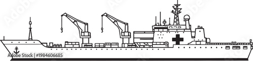 Naval repair ship maintenance vessel side view black and white vector line art illustration isolated