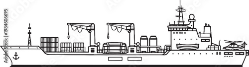 Naval supply ship cargo vessel side view black and white vector line art illustration isolated