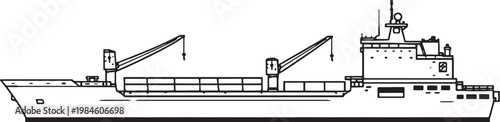 Naval transport ship cargo vessel side view black and white vector line art illustration isolated