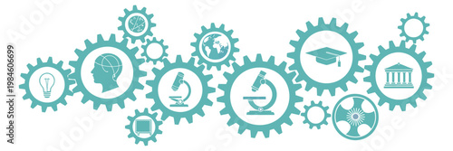 University college vector illustration, concept with icons on higher education, bachelor and master academic courses, high school, campus life, graduation, scholarship and tutoring, modern education