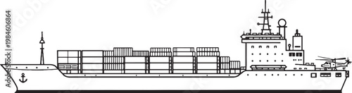 Military cargo ship container vessel side view black and white vector line art illustration isolated