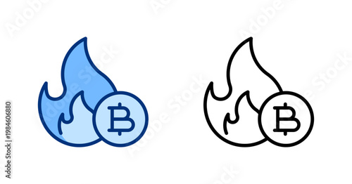 Bitcoin Fire thin line, solid icon set. Blockchain, Transaction, Bitcoin, Financial Technology, Crypto Finance, Cryptocurrency, Fintech concept. Black, blue outline vector icons.