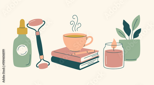 Self-Care Routine with Skincare Products, Books, and Tea