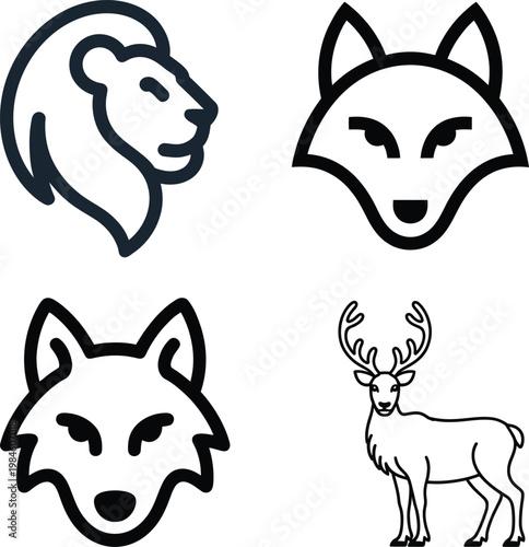Minimal Animal Line Art Logo Set with Lion Wolf Fox and Deer Vector Icons