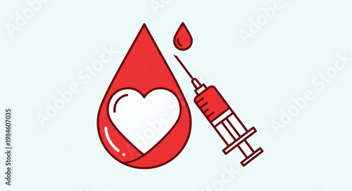 Blood drop with heart and syringe medical illustration.