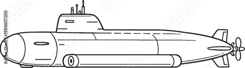 Deep Sea Military Submarine Reinforced Hull Line Art Vector Illustration Side View