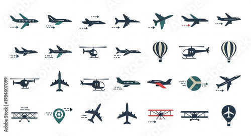Collection of diverse aircraft and air transport icons.