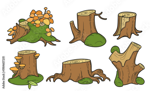Big low stump with parasitic overgrowth toadstools and moss linear drawing for coloring isolated on white background