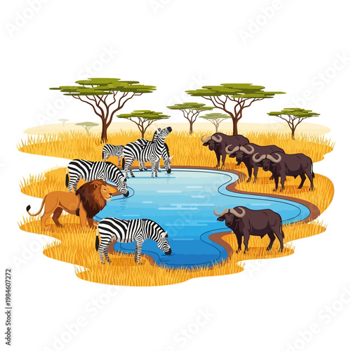 African Savannah Animals at Watering Hole: Lion, Zebra, Wildebeest, Trees, Landscape