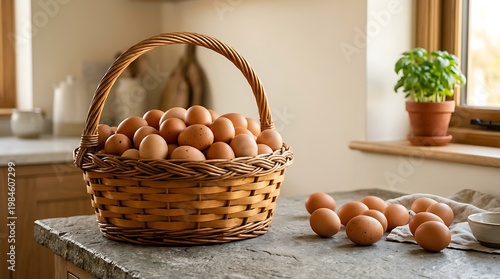 Keranjang Rotan Berisi Telur Mentah di Dapur Rumah dengan Pemandangan Jendela dan Tanaman Hias Hijau