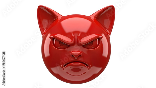Red angry cat face mask with pointed ears on transparent background