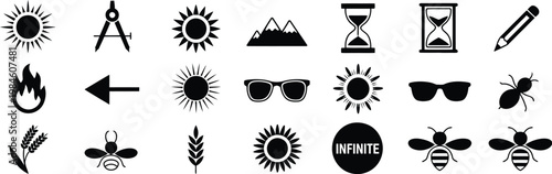 Summer and Nature Silhouette Icons Set Sun Bee Fire Compass Solstice Vector Illustration showing nature symbols summer season exploration navigation and wildlife elements