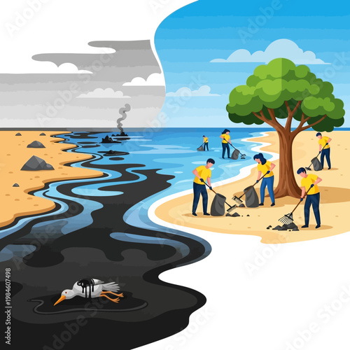Beach Cleanup: Pollution vs. Restoration, Environmental Protection, Volunteers Saving Nature