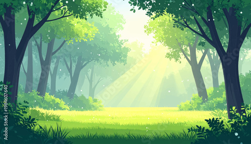 Sunny forest corridor revealing bright lawn through tender mist. Clean botanical backdrop for wellness posters and eco brochures. Serene morning woodland with delicate shadows and fresh greens
