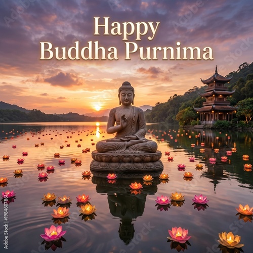 Buddha statue, serene lake, Happy Buddha Purnima, meditation, peaceful landscape, Asian temple