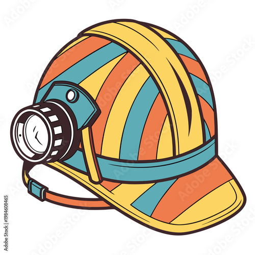 Colorful striped mining hard hat with front headlamp.