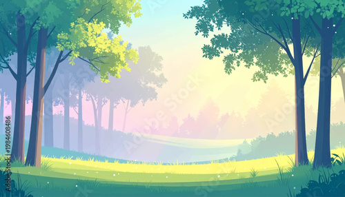 Pastel meadow framed by quiet trees beneath tender sunrise haze. Soft woodland opening with airy grass and luminous spring mood. Dreamy glade background for wellness beauty or spa branding