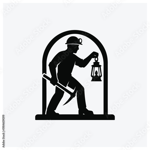 Miner silhouette, lamp, pickaxe, underground, worker, illustration