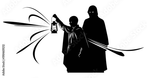 Child holding lantern with mysterious figure behind during dark night