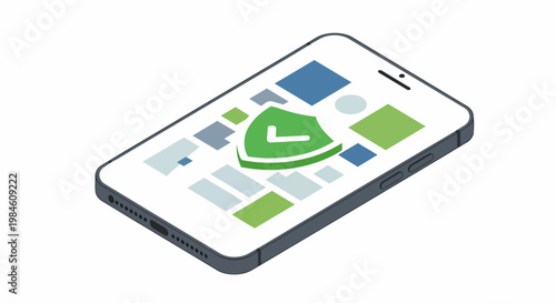 Isometric Smartphone with Green Security Shield and Checkmark for Mobile Data Protection and Cyber Security Concept Illustration
