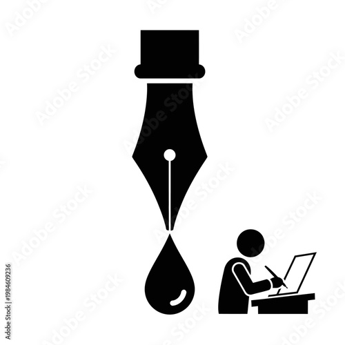 Fountain pen nib with ink drop and person writing at desk icon.