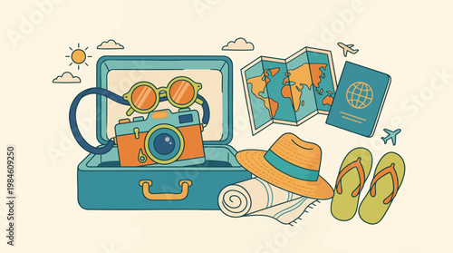Travel Suitcase with Camera, Map, and Accessories on Beige Background
