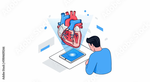 Isometric Illustration of a Man Examining a 3D Holographic Human Heart on a Tablet - Innovative Medical Technology and Cardiology Education Concept