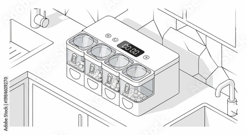 Smart Digital Pill Dispenser and Automatic Medication Organizer on Kitchen Counter Isometric Line Art Illustration