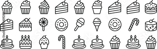 Sweet Dessert and Candy Icon Set featuring Cakes Cupcakes Lollipops Donuts Ice Cream Bakery Treats Vector Illustration showing bakery sweets confectionery snack and dessert menu elements
