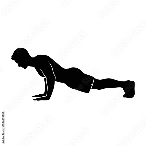 Man silhouette doing a push up exercise on white background.